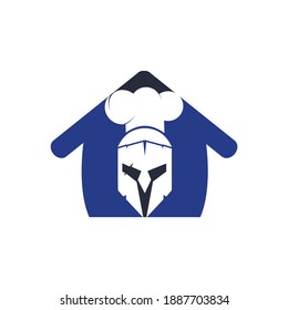 Spartan chef vector logo design template. Minimal logo of chef warrior with chef hat and home vector illustration.	