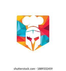 Plantilla de diseño del logo vectorial del chef espartano. Logo mínimo de guerrero chef con ilustración vectorial de sombrero de chef.	