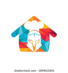 Spartan chef vector logo design template. Minimal logo of chef warrior with chef hat and home vector illustration.