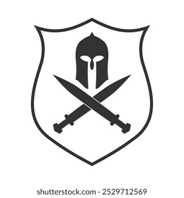 Spartan or corinthian coat of arms. Helmet an swords crest silhouette. Armor symbol logo sing. Military icon. Vector illustration image.