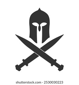 Spartan or corinthian coat of arms. Helmet and swords silhouette. Armor symbol logo sing. Military icon. Vector illustration image.