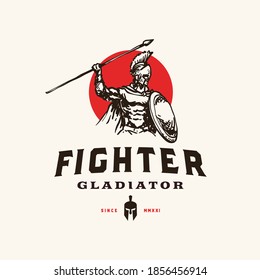 Spartan fighter gladiator with shield and spear ready to strike logo concept design