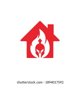 Vector de diseño del logotipo del concepto de la forma de la casa de fuego espartana. logo del casco espartano en llamas.