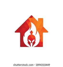 Vector de diseño del logotipo del concepto de la forma de la casa de fuego espartana. logo del casco espartano en llamas.