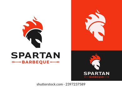 Spartan Gladiator Helmet Hot Fire Flame Barbeque Logo Design Branding Template