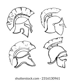 Spartan Helm Variations Set in side view isolated on white background. Logo design template. Vector illustration.