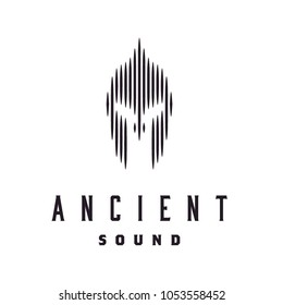 Spartan Helmet or Ancient Sparta Armor Mask with Digital Wave Sound for Music Band Studio Recording logo design 