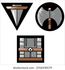 Spartan helmet, chest icons Set Viking horned helm emblem create for logos, symbols. Vectors for apps and website. Trojan signs.