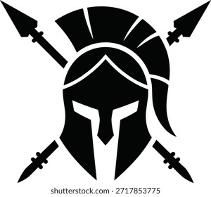 Capacete espartano com imagem vetorial de lanças cruzadas. Significa coragem, proeza militar, força de guerreiro grego antigo. Ideal para temas históricos e inspiração heroica