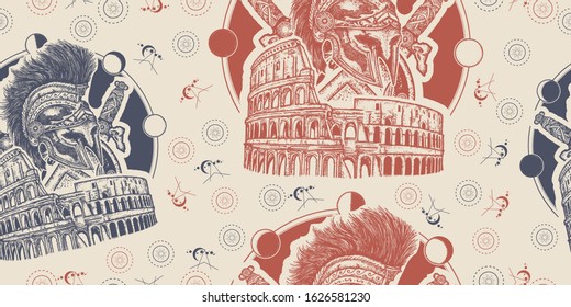 Spartan helmet crossed swords, shield and Colosseum. Seamless pattern. Packing old paper, scrapbooking style. Vintage background. Medieval manuscript, engraving art. Symbol of Ancient Rome 