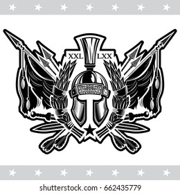 Spartan helmet front view between laurel wreath with crossed flags and vintage weapons. Heraldic vintage label on white