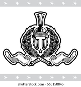 Spartan helmet front view between crossed torches flame pattern and ribbon. Heraldic vintage label on white