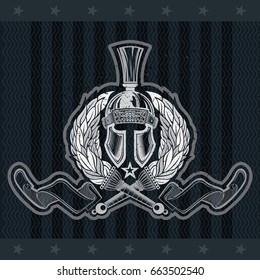 Spartan helmet front view between crossed torches flame pattern and ribbon. Heraldic vintage label on blackboard