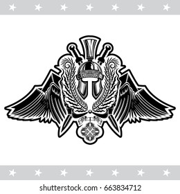 Spartan helmet front view between wreath, crossed swords and wings. Heraldic vintage label on white
