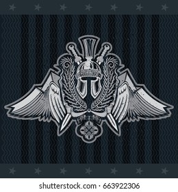 Spartan helmet front view between wreath, crossed swords and wings. Heraldic vintage label on blackboard