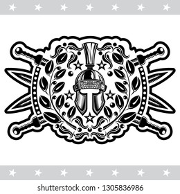 Spartan helmet front view with four crossed swords between wreath. Heraldic vintage label on white