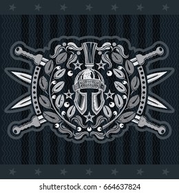 Spartan helmet front view with four crossed swords between wreath. Heraldic vintage label on blackboard