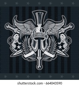 Spartan helmet front view with wings between wreath, crossed swords and lions. Heraldic vintage label on blackboard
