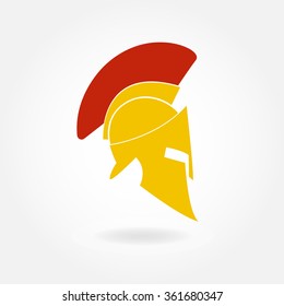 Spartan helmet icon. Ancient Roman or Greek helmet with feathered crest. Metal helmet for head protection soldiers of the legions. Vector illustration.