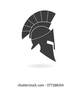 Spartan helmet icon. Ancient Roman or Greek helmet with feathered crest. Metal helmet for head protection soldiers of the legions. Vector illustration.