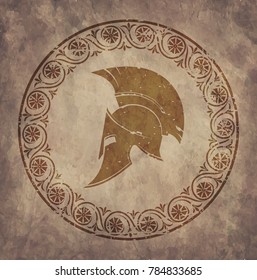Spartan helmet an icon on old paper in style grunge, is issued in antique Greek style.