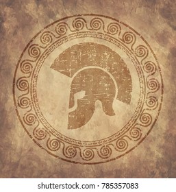 Spartan helmet an icon on old paper in style grunge, is issued in antique Greek style.