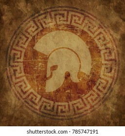 Spartan helmet an icon on old paper in style grunge, is issued in antique Greek style.