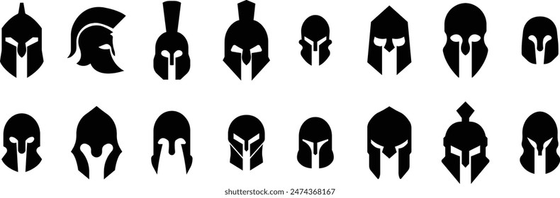 Iconos de casco espartano Set en estilos de relleno utilizados para la seguridad Diseños de gladiadores griegos Elementos emblema creado para logotipos, símbolos. Vectores para App y Sitio web aislados sobre fondo transparente. Señales de troyano.