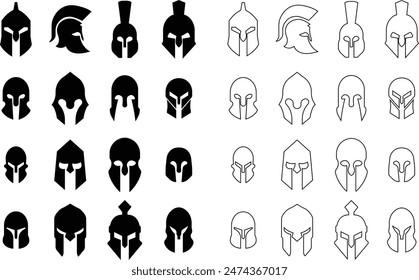 Spartan helmet icons Set in flat, line styles use for safety Greek gladiator designs elements emblems create for logos, symbols. Vectors for apps and website on transparent background. Trojan signs.