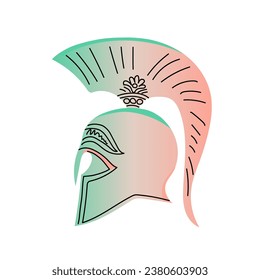 Spartan helmet isolated. Roman helmet to protect the head of soldiers. Ancient military armor. Element with color gradient and line. Hand drawn. Vector illustration.