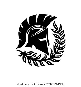 Spartan helmet and laurel branch isolated on white background.