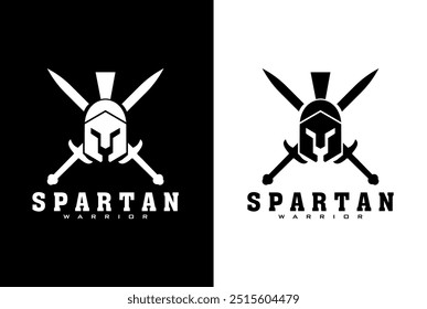 Spartan helmet logo with cross sword mark and distressed effect. Warrior logo spartan helmet