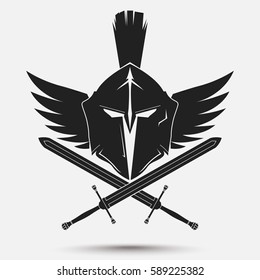 Spartan Helmet logo with crossed swords and wings, Greek warrior, Gladiator emblem, legionnaire heroic soldier. vector