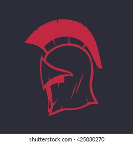Spartan helmet logo element, red isolated on dark, vector illustration