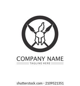 Spartan Helmet logo and gladiator, power, vintage, sword, safety, legendary logo and vector of soldier classic