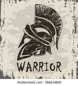 Spartan Helmet logo on grunge background, Greek warrior, Gladiator emblem, legionnaire heroic soldier. vector