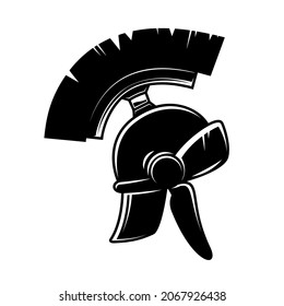 Spartan helmet in monochrome style. Design element for poster, emblem, sign, logo, label. Vector illustration