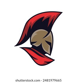 Spartan helmet with red plume and cape suitable for warriorthemed designs, history projects, educational resources, logo, and sports team logos.