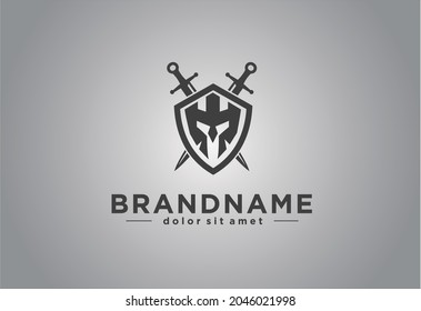 spartan helmet in shield and cross sword logo vector illustration silhouette black. template logo for military, armory, company, team, game