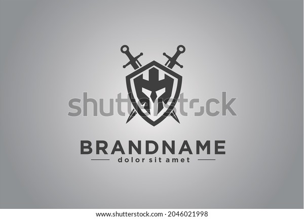 spartan helmet in shield and cross sword logo\
vector illustration silhouette black. template logo for military,\
armory, company, team,\
game