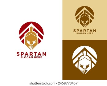 Spartan helmet with shield logo design template, Spartan identity logo vector icon Illustration