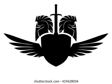 Spartan helmet, shield, sword and wings.