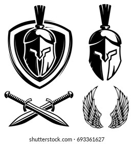 Spartan helmet, shield, sword, wings. Design elements for sport team label, badge, sign. Vector illustration