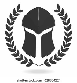 Spartan helmet silhouette with laurel wreath. Front view. Knight, gladiator, viking, warrior helmet icon. Vector