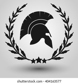 Spartan Helmet silhouettes with laurel wreath, symbol of gladiator soldier or greek warrior or roman legionary, hero sign, vector
