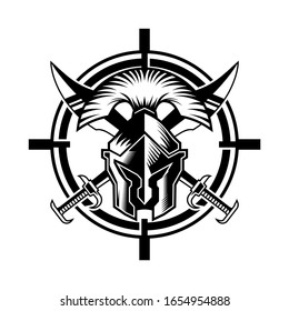 casco espartano y espada en forma de círculo logo ilustración vectorial. logotipo de plantilla para militares, armarios, empresa, equipo, juego