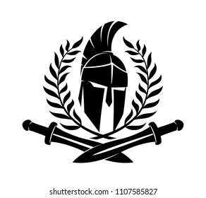 Spartan helmet with swords and laurel wreath.
