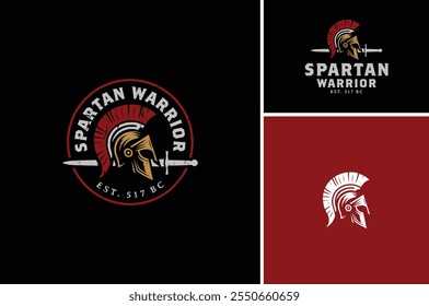 Spartan Helmet War com espada para Fight Club ou Empire Battle Game Emblem Label Design logotipo vintage