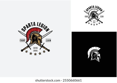 Spartan Helmet War com espada para Fight Club ou Empire Battle Game Emblem Label Design logotipo vintage