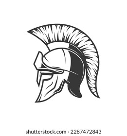 Spartan helmet, warrior gladiator or Roman and Greek soldier shield, vector icon. Trojan centurion armour or Sparta knight and Athena armor mask, Medieval fighter face and head helmet